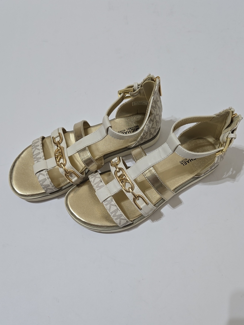 Michael Kors Girls White & Gold MK Logo Chain Sandals